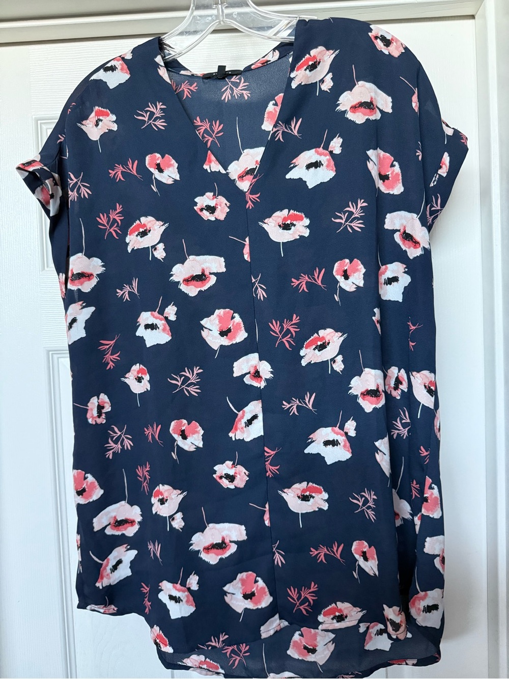 Navy Floral V-Neck Blouse with Pink & White Blooms